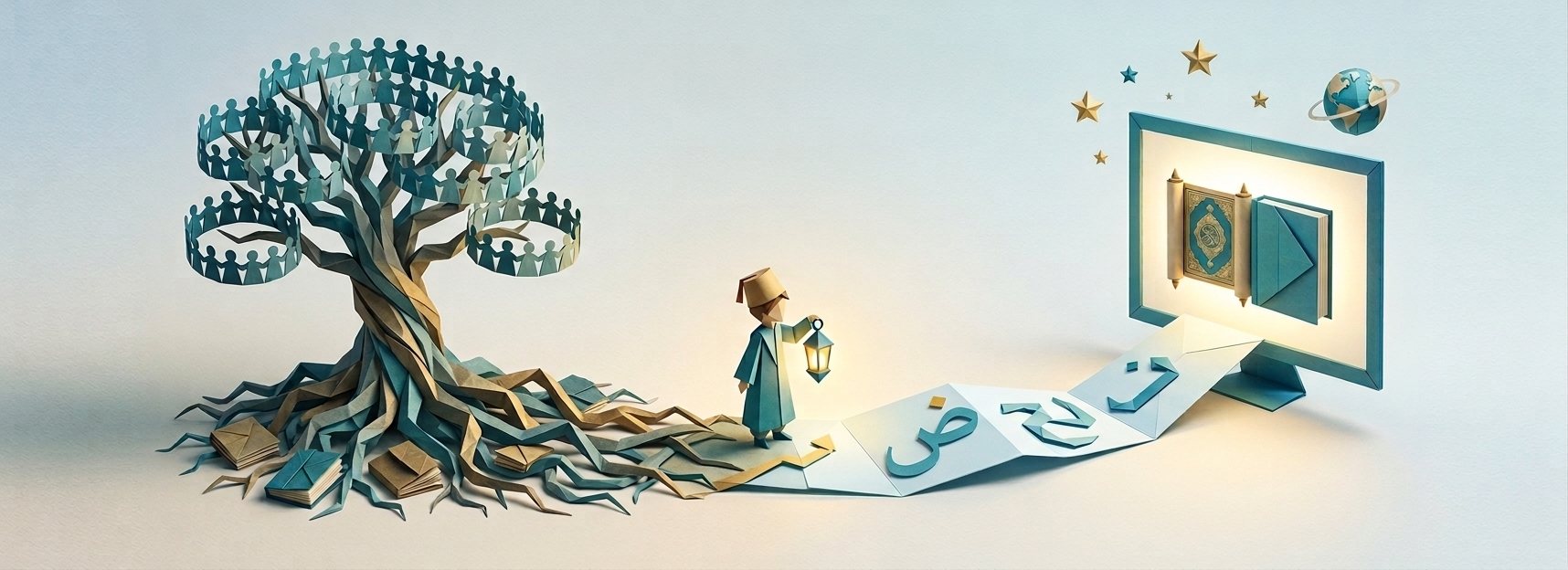 A paper-craft scene: a tree whose branches are rings of students and whose roots spill books, a child with a lantern walking a path paved in Arabic letters, and a screen holding the Quran.
