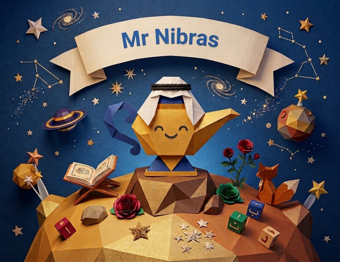 Mr. Nibras — a paper-craft lamp in a keffiyeh on a small planet, with an open Quran on its stand, Arabic letter blocks and a rose beside him.